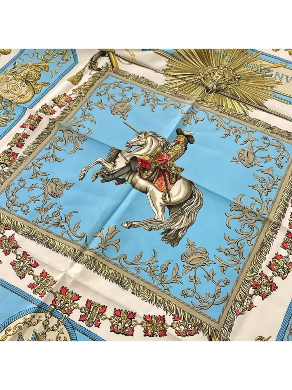 Hermes Scarf Carre 90 Light Blue Ivory Multi LV Dovicvs Magnvs Horse